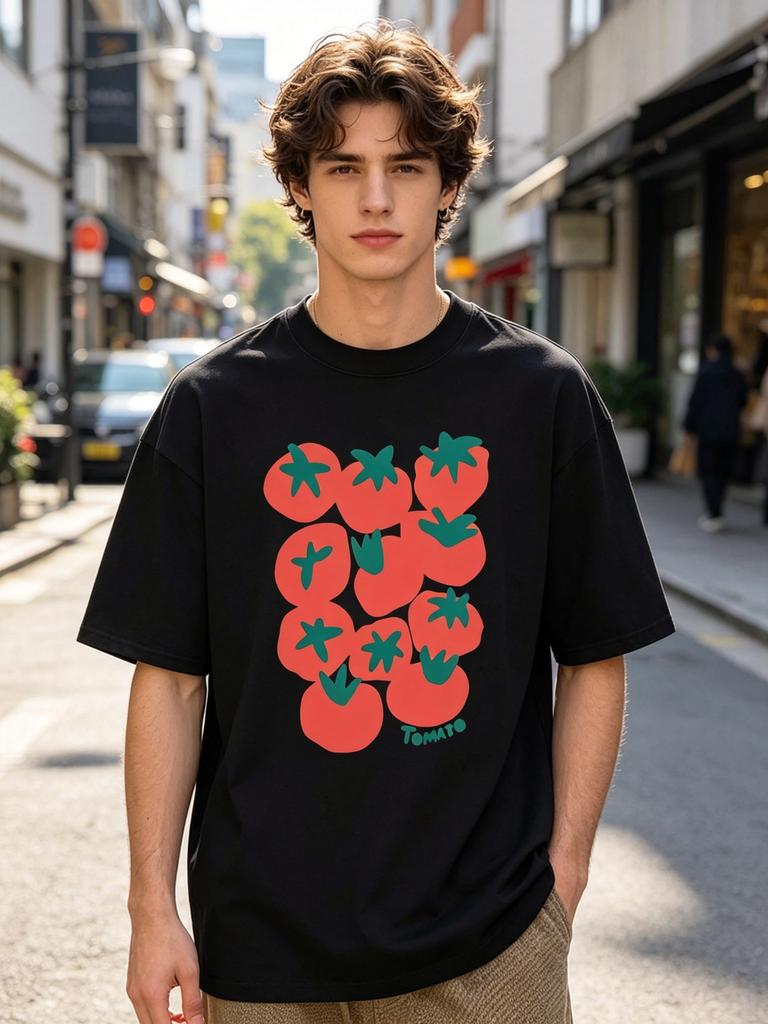 Short Sleeve T-Shirt with Tomato Illustration Print, Summer Ins-Style Simple and Cute Design, Unisex Commuter Couple's Casual Top, Trendy, PLUS SIZE