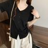 Oversized Women's Clothing Design Looks Slim Drawstring V-neck Irregular Shoulder Short Sleeved T-shirt Summer Trend