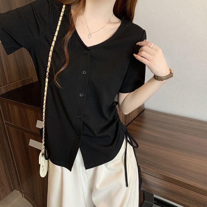 Oversized Women's Clothing Design Looks Slim Drawstring V-neck Irregular Shoulder Short Sleeved T-shirt Summer Trend