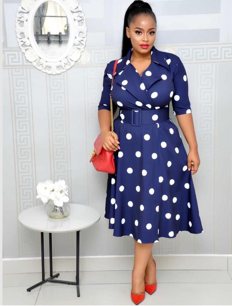 Women's African Polka Dot Dress: Mid-Sleeve, Suit Collar, Plus Size, Wide Hem & Belt