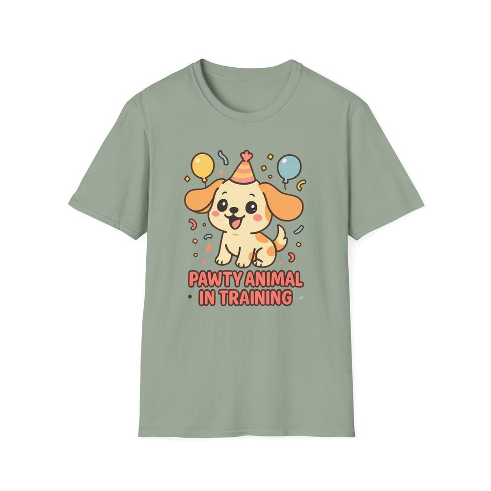 

Unisex Softstyle T-Shirt Kawaii Dog “Pawty Animal in Training” Confetti Party S