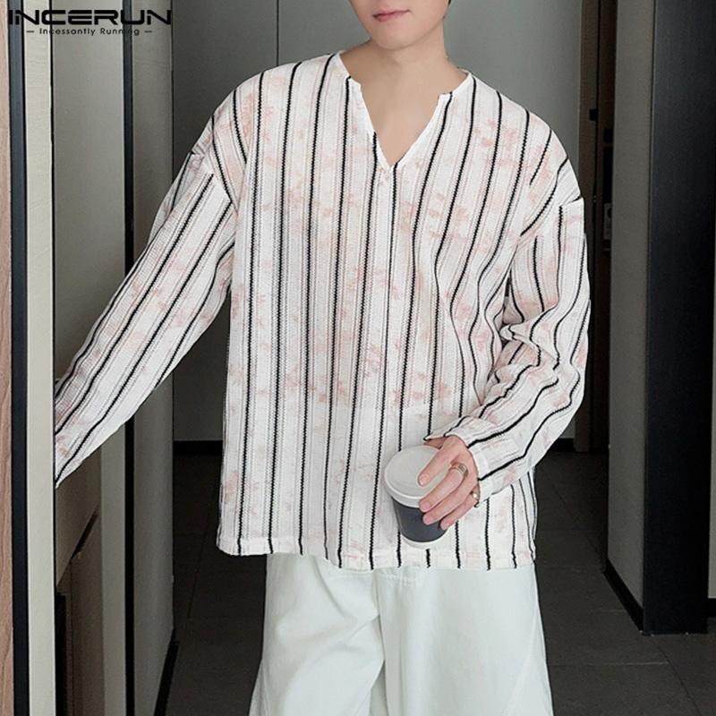 INCERUN Men Long Sleeve Striped Crochet Hollow Semi-Sheer Texture Tops T-shirts