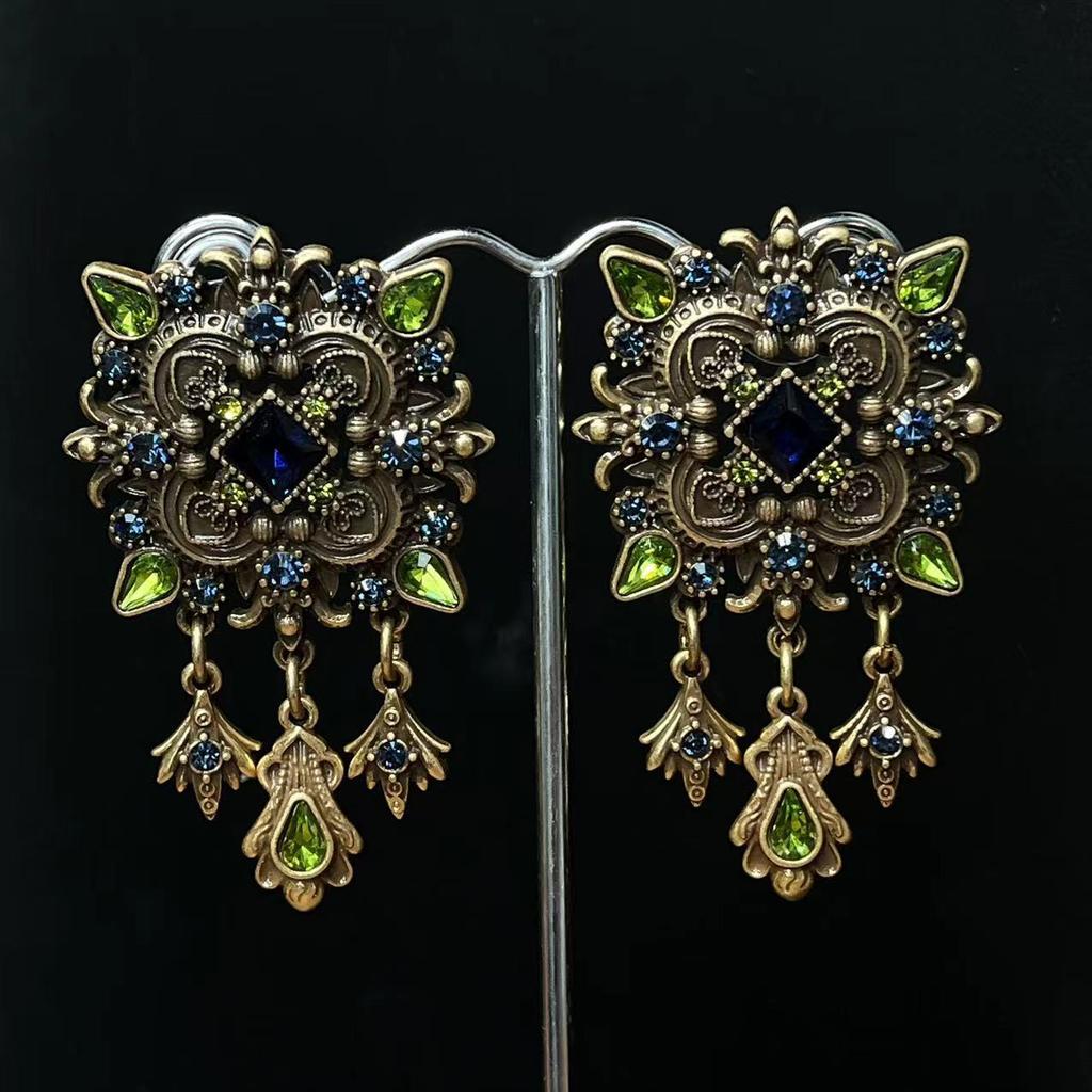 Qingdao medieval western antigo Florença clássico brincos de tarraxa broche indústria pesada metal diamante azul brincos pendentes joias