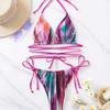 European & American Tie-Dye Three-Piece Deep V Bandage Bikini Set with Sexy Hollow-Out Design