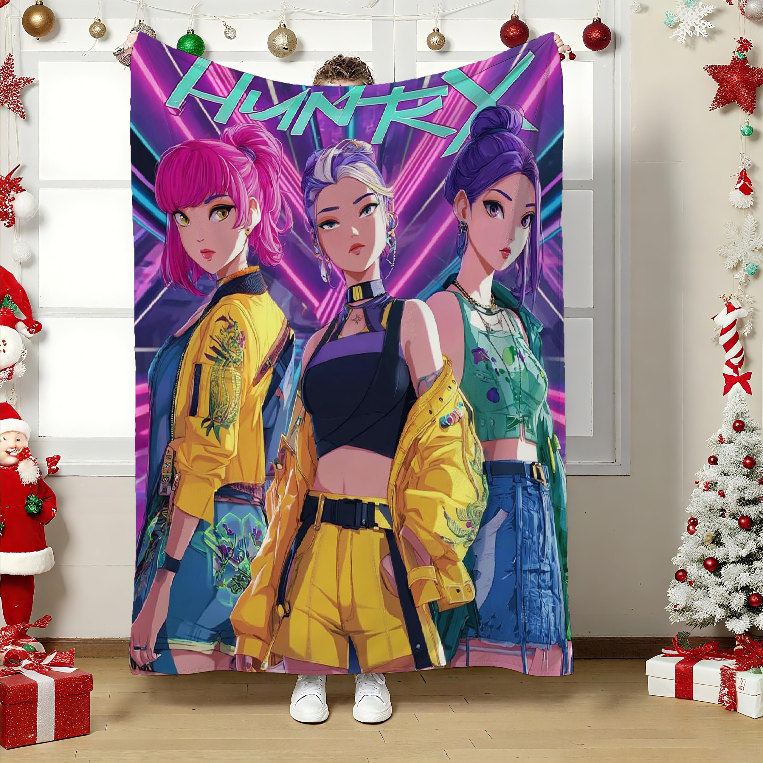 1PC Anime Kpop Neon Plush Blanket, Soft Flannel Throw with Zipper Closure, All Season Machine Washable Polyester, K-Pop Theme 75cmx90cm