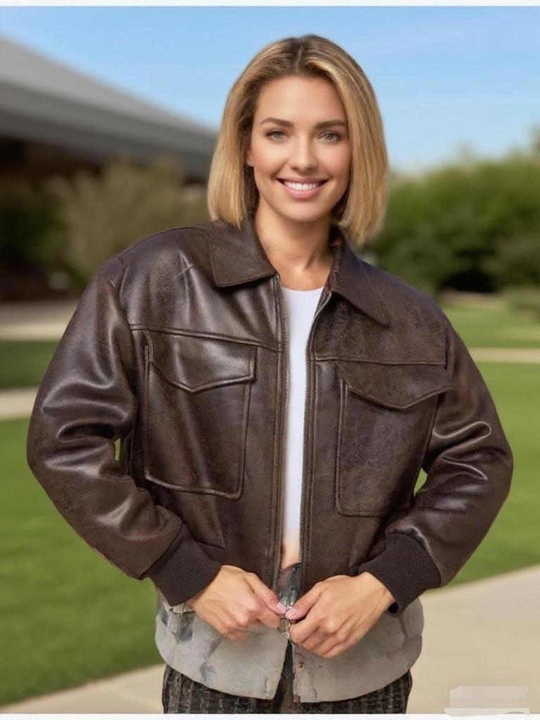Women's 2025 Autumn Stylish Faux Leather Pilot Jacket with Large Pocket Detail
