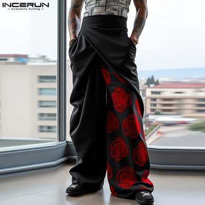 Männer Wrap Reißverschluss Taille Blumendruck Patchwork Lange Hosen Hose