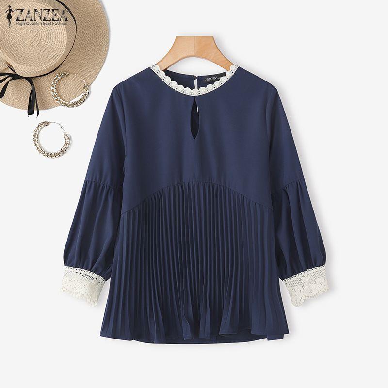 ZANZEA Women Casual Round Neck Lace Splice 3/4 Sleeve Blouse