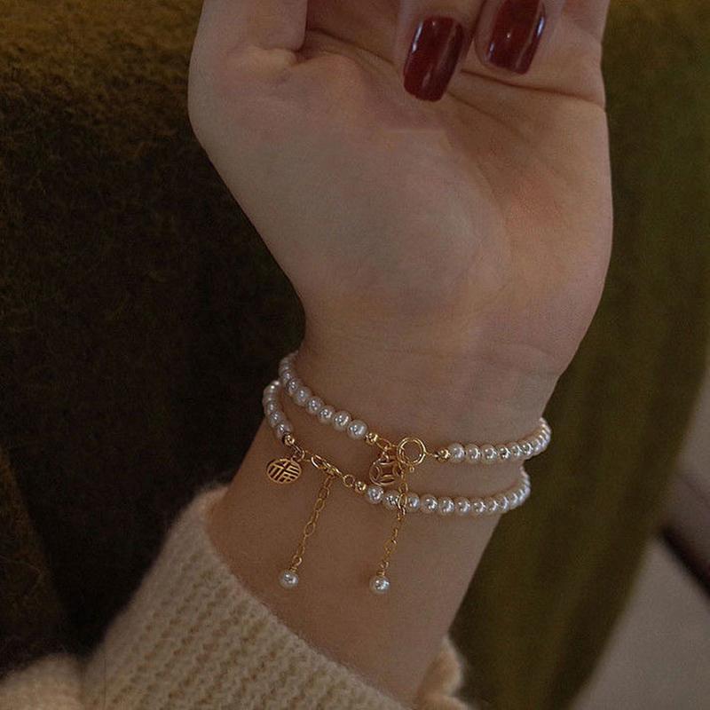 Luxury Niche Imitation Pearl Bracelet for Women Elegant Hollow Blessing Lucky Long Tassel Adjustable Bracelet Birthday Gifts