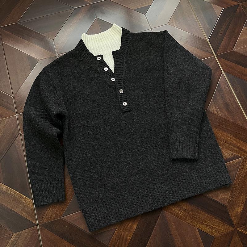 

Men s Korean Style Luxury V-Neck Grey Knit Sweater - Warm, High-Neck, Button-Detail Top. XL
