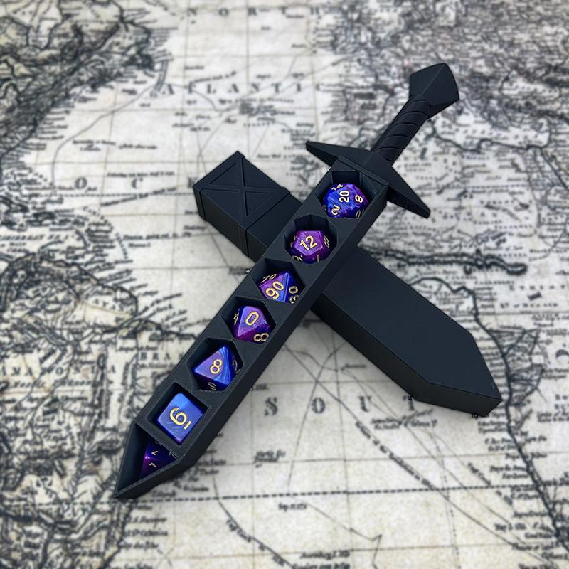 3D Printed Sword-Shaped Storage Box With Dices For Dnd Rpg Trpg Games Dice Dnd Game Role Dice Holder Desktop Ornament Storage Bo
