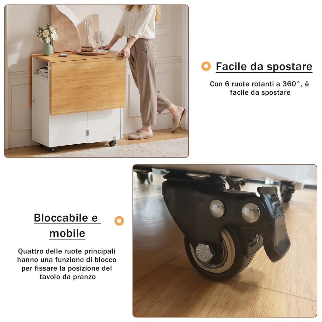 120x70x78cm Storage Table Folding Dining Table with Wheels Mobile Wood Foldable Side Table Shelf Extendable Dining Table