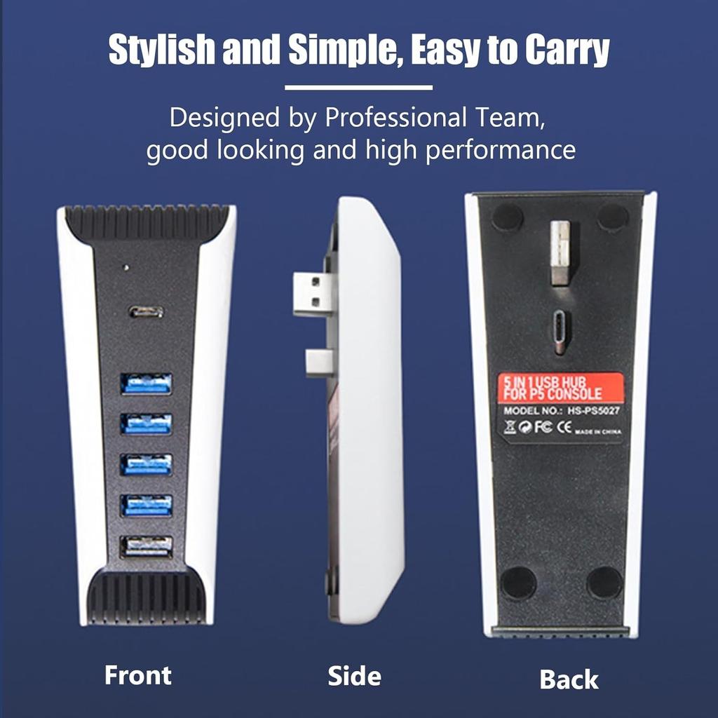 USB C Hub, 5 In 1 USB Hub High‑Speed Expansion Adapter with USB3.0 Type‑C Ports for PS5 Console, Support 4 USB Data Output Ports