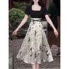 High-end printed dress women's spring high-end sense versatile A-shaped skirt design sense waist and thin dress