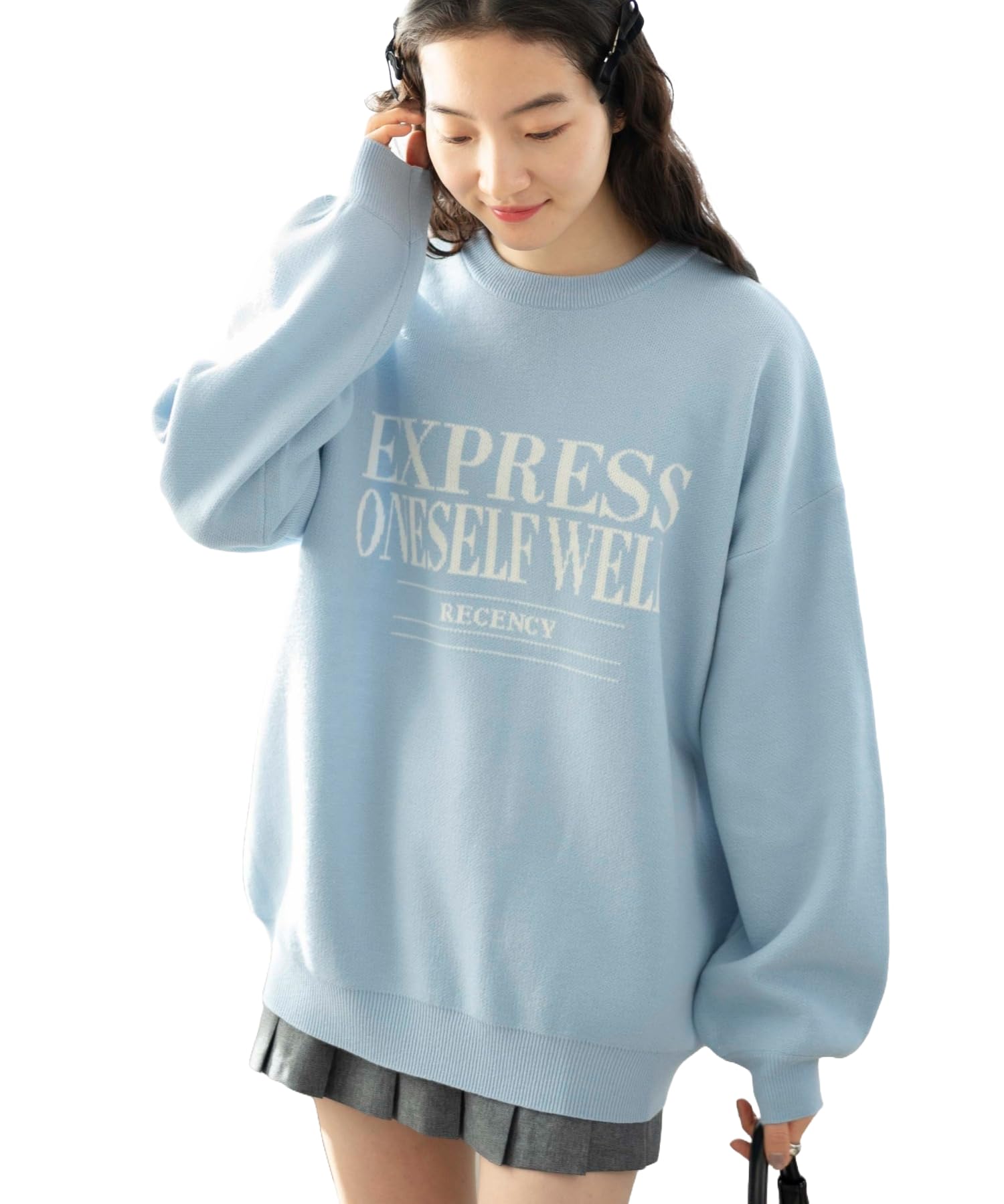 

WEGO Jacquard Knit Pullover Top with Oversized Korean Size Sax Women s Logo, Silhouette, Pastel, Girly, Style, Gift, Spring, Autumn, Winter, F,