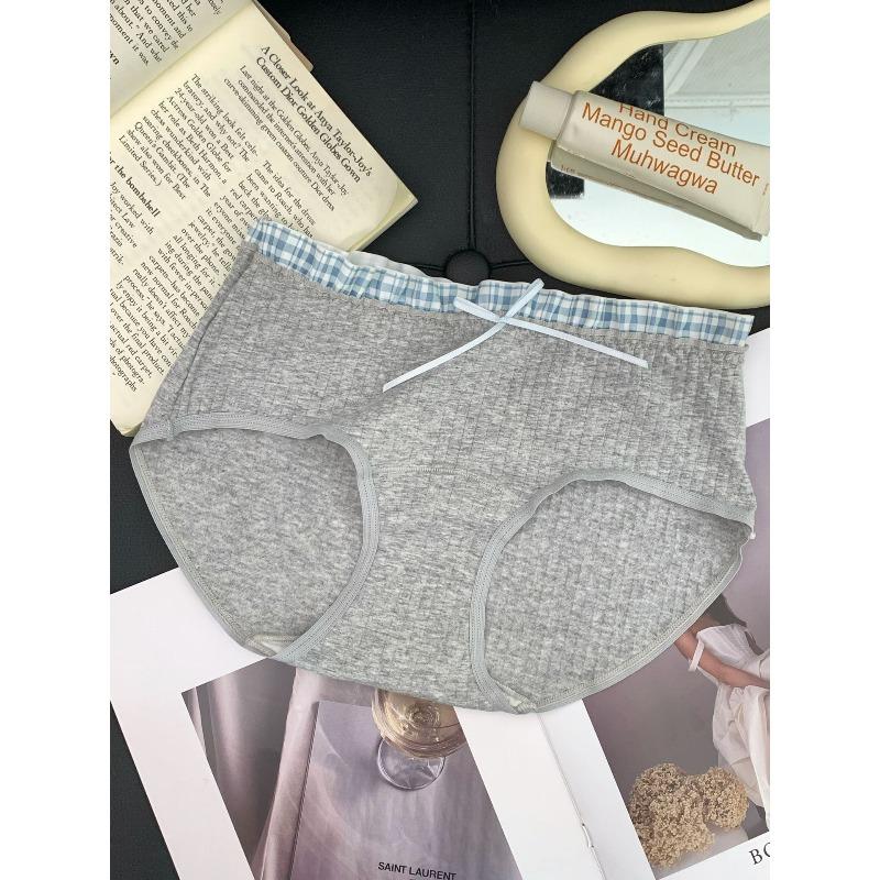 Girl Spring and Autumn Sweet Plaid Edge Splicing 10A Antibacterial Wrapped Hip Mid Waist Triangle Briefs