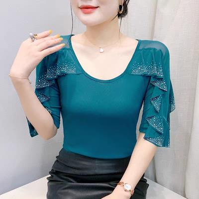 Nueva Camiseta de Verano Streetwear para Chica Chic con Volantes y Diamantes Calientes Ropa Moda Cuello en V Manga Corta Mallas Tops Camisetas para Mujer Blusas