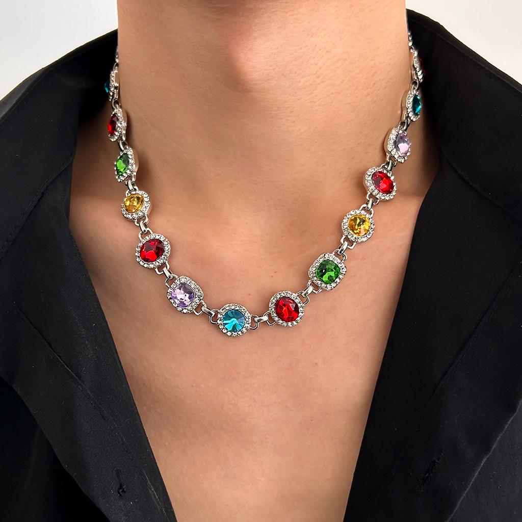 Salircon Colorful Rhinestone Chain Choker Necklace Men  Luxury Trendy Simple Clavicle Chain Necklace Bracelet Party Jewelry
