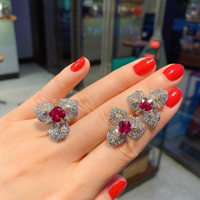 Live Broadcast Advanced Sense Full Diamond Three-dimensional Simulation Emerald, Red Corundum, Three-petal Flower Stud Earrings Ring