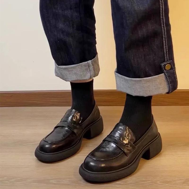 Sheepskin Version~ British Style Platform Loafers Women's One-pedal Lazy Shoes Versatile Single Shoes College Style Jk Uniform Shoes