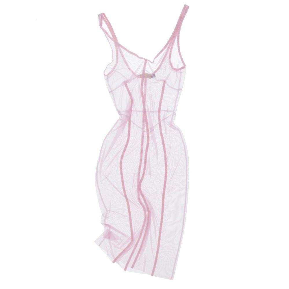 Waist Cinched Mesh Cover Up Dress Lace Trim Slip Smock Classy Sheer Mesh Dress  Lady Outfit