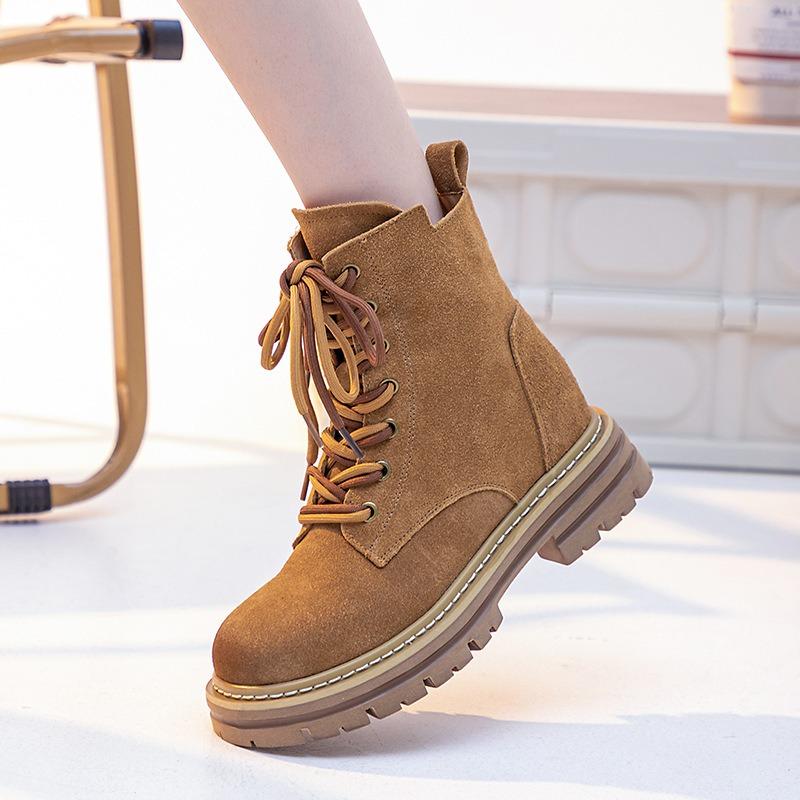 Martin Boots Women's Autumn New Leather Retro Tooling Western Cowboy Boots Thick-soled Inner Height-increasing Short Boots