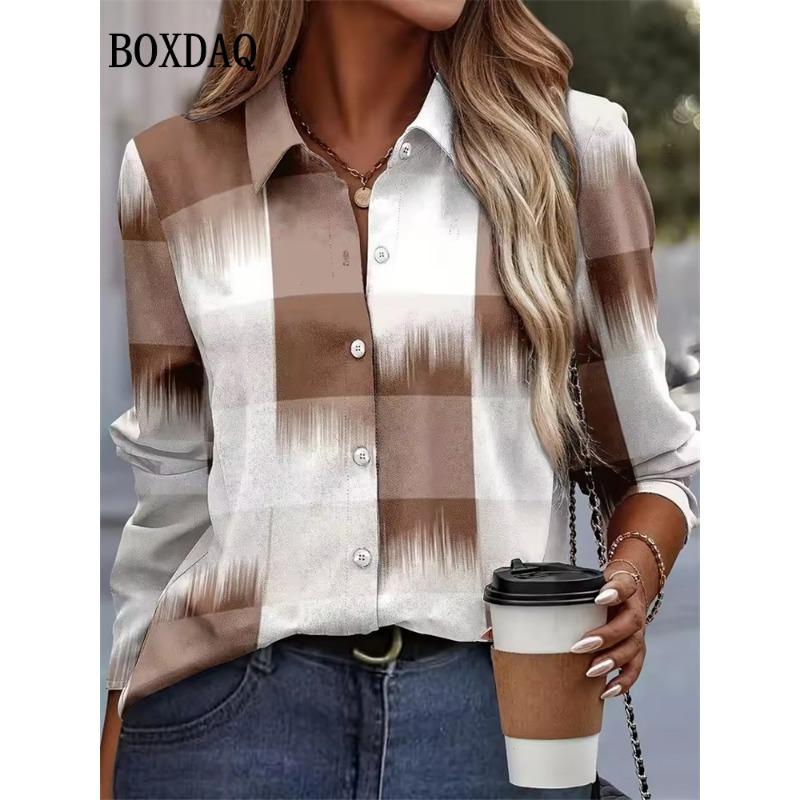 Autumn New Plaid 3D Print Blouse Ladies Long Sleeve Gradient Button Laple Loose Shirts Tops Casual Fashion Women's Clothing