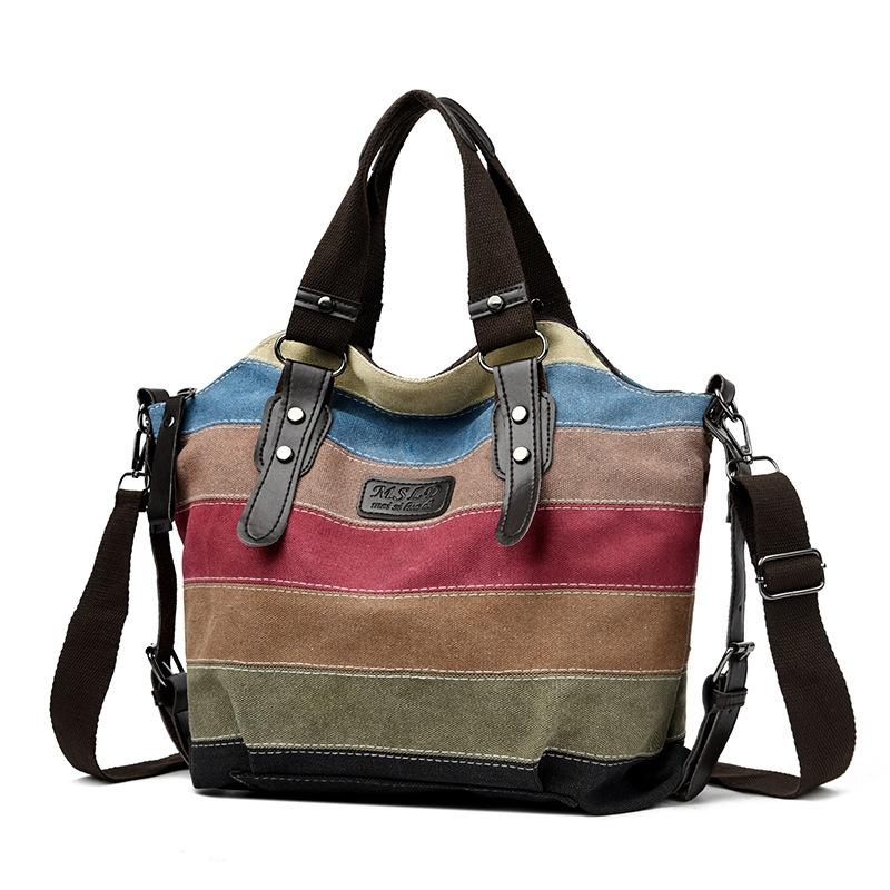 New Canvas Casual Retro Fashion and Art College Shoulder Oblique Span Large-capacity Women's Bag Contrasting Color Splicing Bag