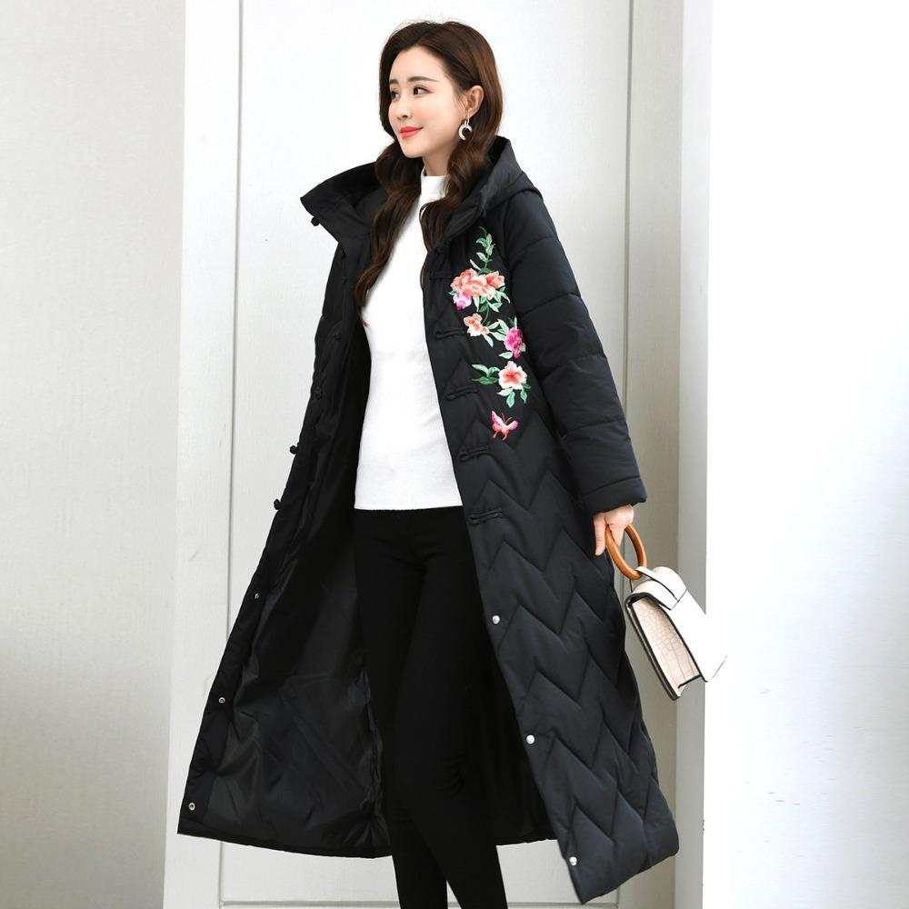 cotton-padded clothes for women's winter large size long ethnic style embroidered cotton-padded clothes thickened and loose knee-padded jackets
