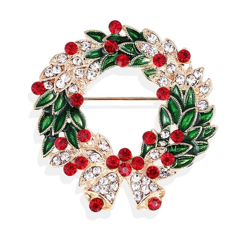 1pc Luxury Large Statement Wreath Brooch Pin -Elegant Red & Green Christmas Design with Golden-Tone Foliage,Clear -Adorned Leaf