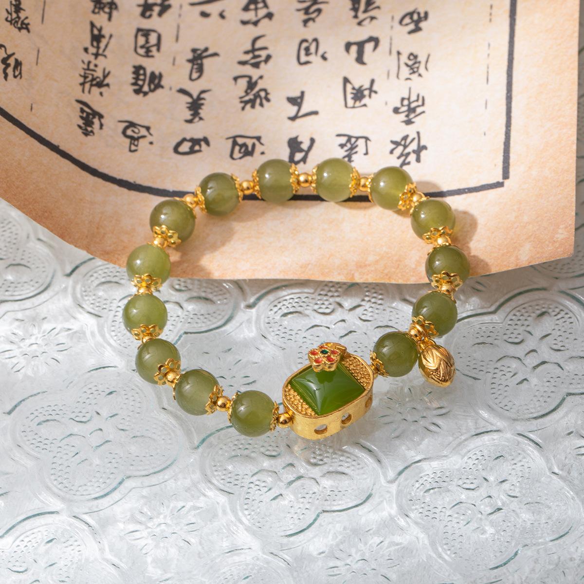 Chinese Style Blessing Full Of Jade Peach Blossom Bracelet, Chinese Clear Round Bead Bracelet, Pearl Lotus Pod Rope Knot Jewelry