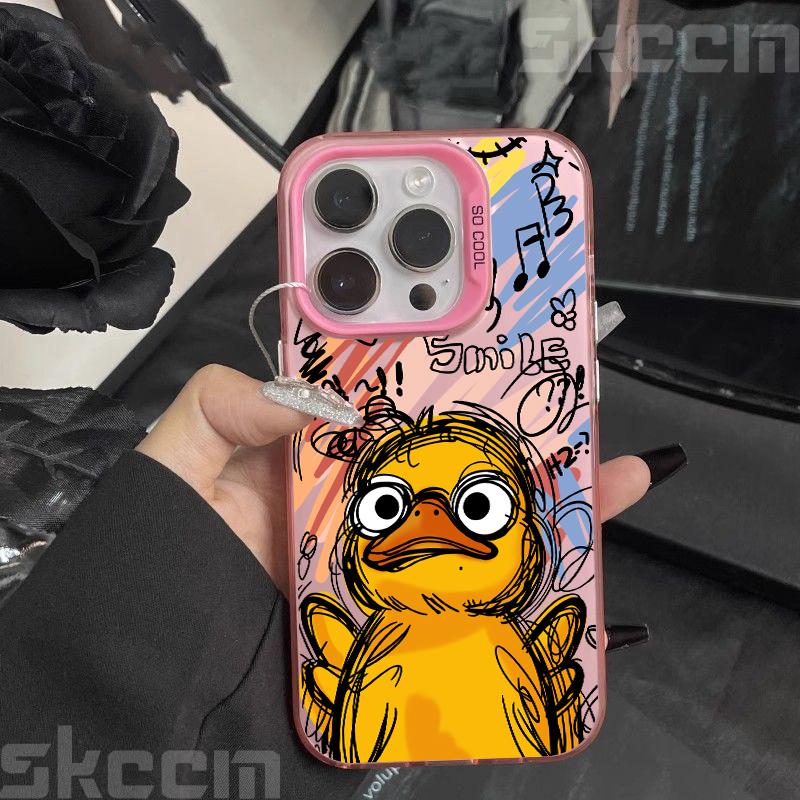 Graffiti Small Yellow Duck Electroplate Silver IMD Phone Case For iPhone 16 15 Pro Max 14 13 12 11 16E 7 8 Plus X XS XR Cover