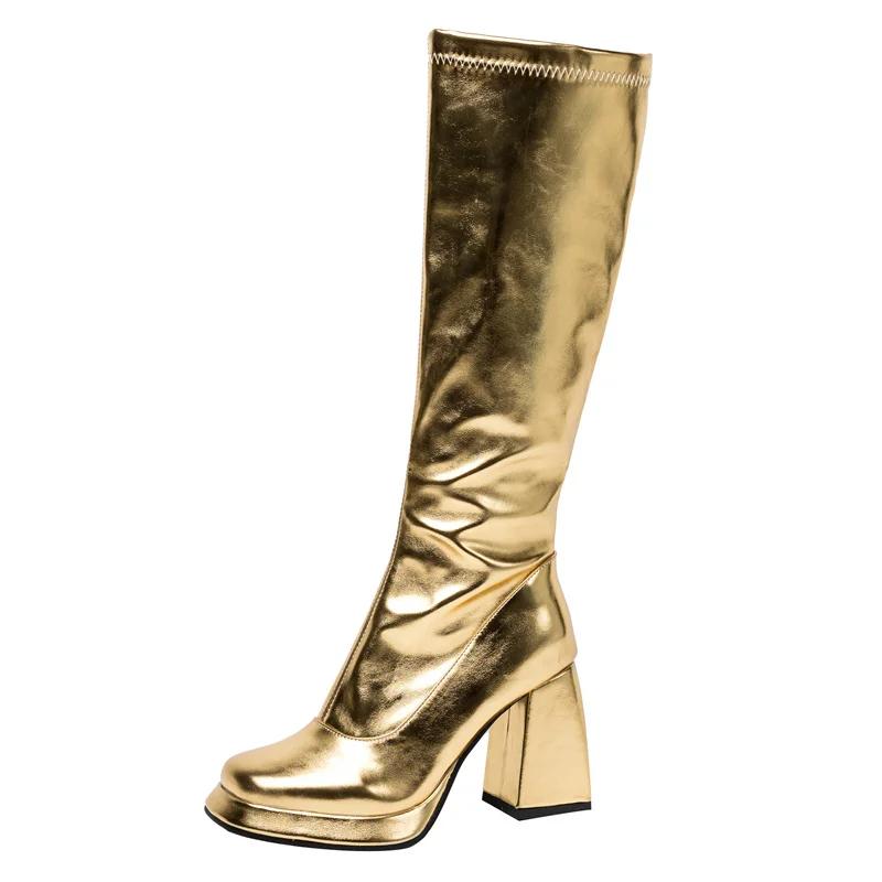 Silver Knee High Platform Boots Women Thick Heels Gold Metallic PU Party Show Ladies Shiny Square Toe Zipper Pleated Long Boots