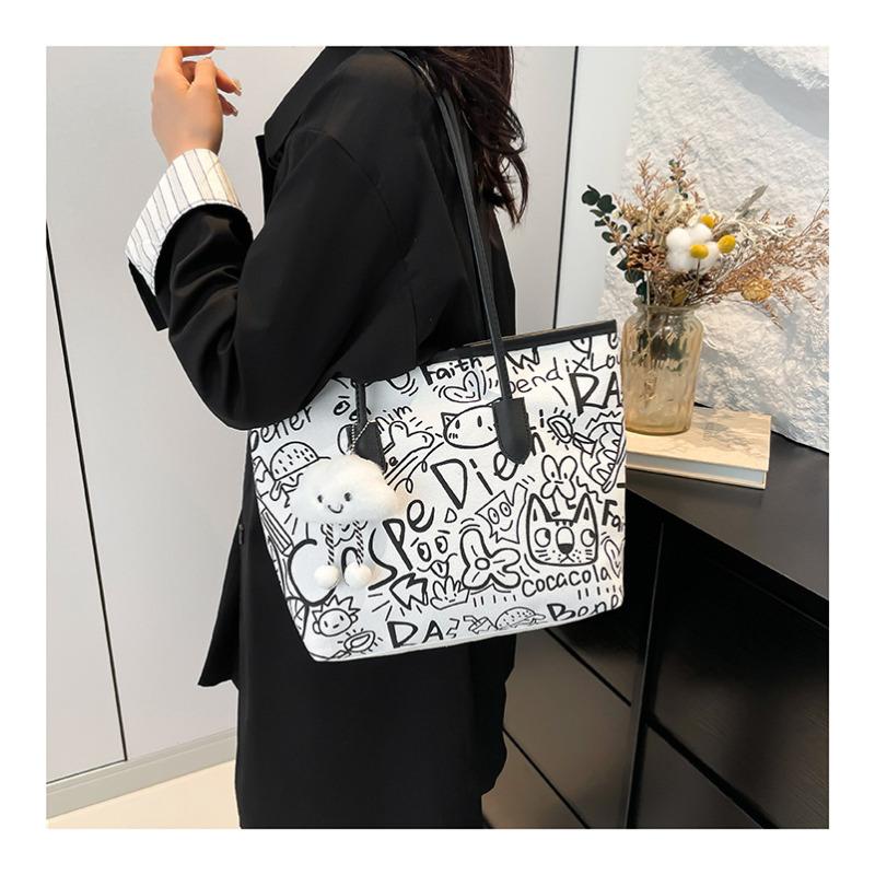 Chic 2026 Graffiti Print Faux Leather Tote Bag for Women, Spacious Casual Shoulder Handbag, Trendy Daily Commute Underarm Bag CLE