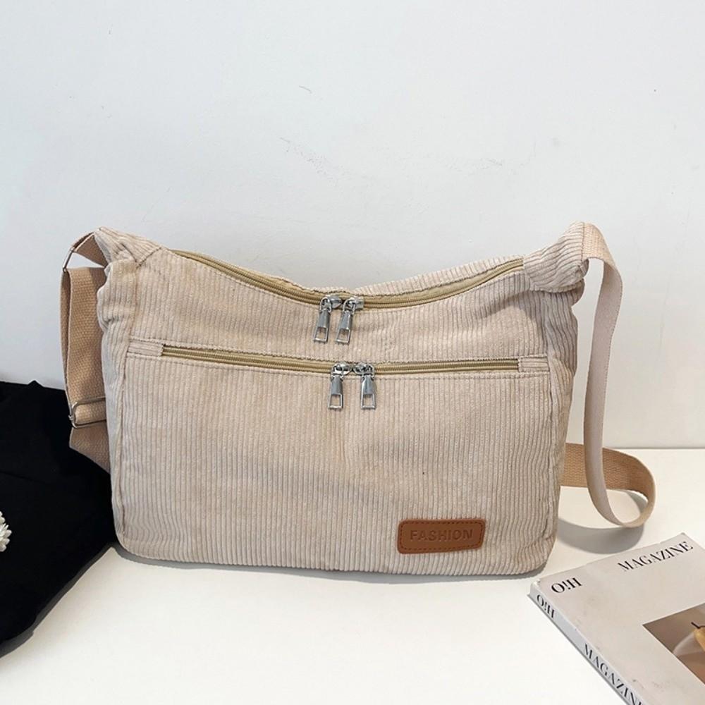 New Large Capacity Corduroy Tote Bag Multi-pocket Adjustable Strap Shoulder Bag Solid Color Crossbody Bag Travel Use