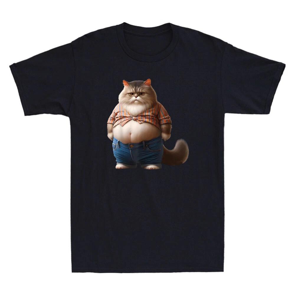Fat Cat Funny Fat Belly Cat Wear Jeans Kitten Cartoon Meme Humor Men s T-Shirt S