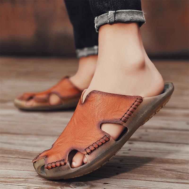 Men's Leather Slippers Non-Slip Beach Sandals Comfortable Summer Shoes Men Slippers Classics Men Flip Flops