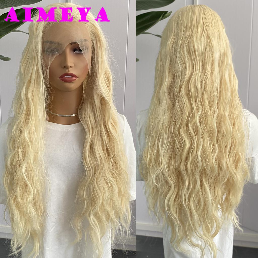 AIMEYA Brown Deep Wave Wig Long Synthetic Lace Front Wig for Women Natural Hairline Daily Use Cosplay Wigs Heat Resistant Fiber