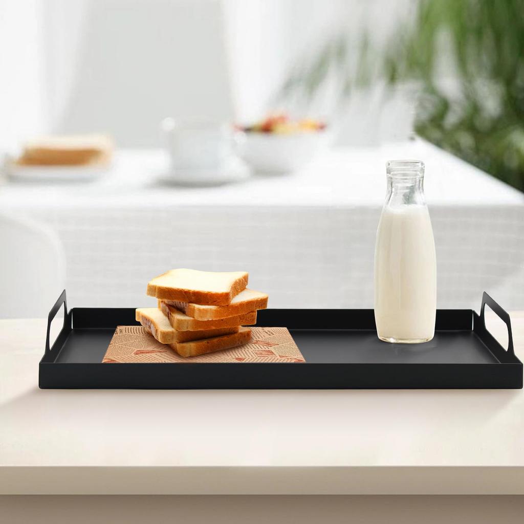 VANRA Metall Serviertablett mit Griff, Rechteckig, Dekoratives Frühstückstablett für Kaffee und Tee, Café oder Heimgebrauch (Schwarz)
