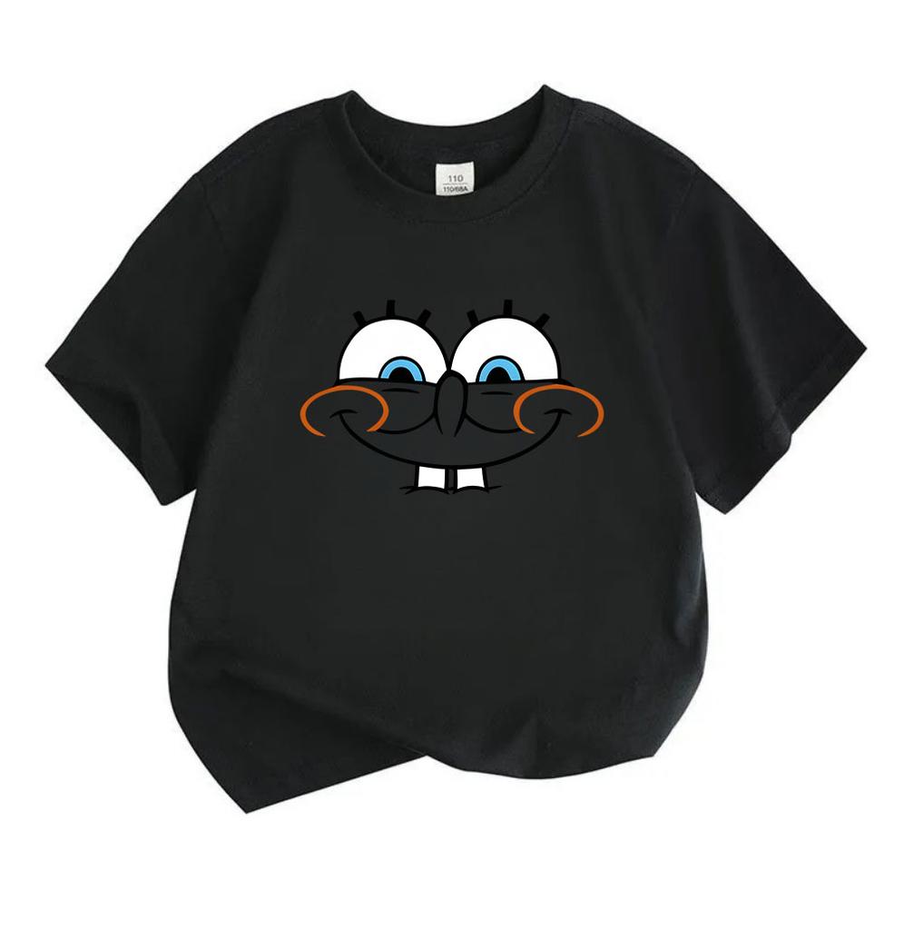 Kids Boys Girls 100% Cotton Crew Neck Short Sleeve T-Shirt, Cute Cartoon Smiling Big Eyes Funny Casual Soft Breathable Tee for Daily Play Lightweight