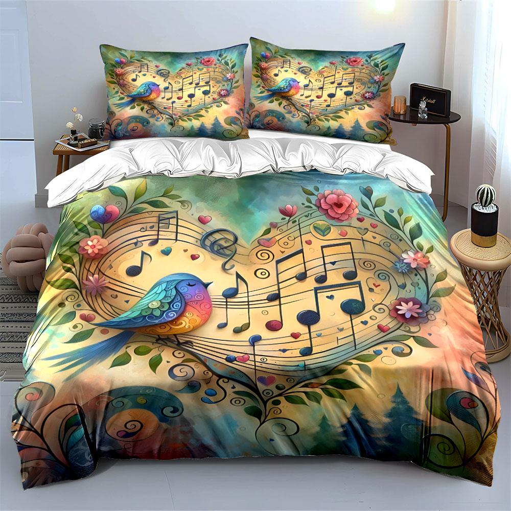 Floral Music Bird Art Décor Soft Comfortable Duvet Cover Bedding Set Included 1*Duvet Cover & 2*Pillowcases, Gift