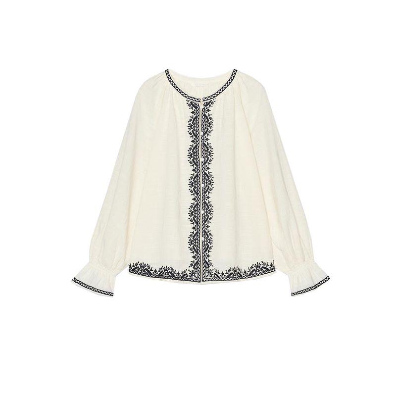 

Summer New Women clothes Single Row Multi-Button round Neck Long sleeve Contrast Color Patchwork Embroidery Decoration Shirts 5770043 raw white L