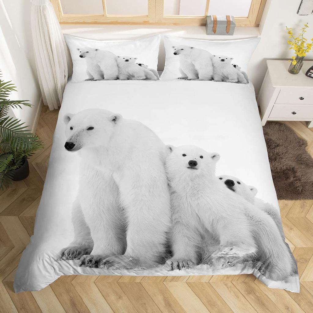 Bear Pattern Bedding Set Polar Bear Duvet Cover for Child Adult,White Bear Snow Mountain Sunset Soft Microfiber Comforter Cover