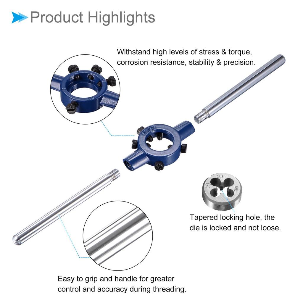 CoCud Die Stock Handle Set, 5/16-18 UNC Thread Die and Fits 16mm-25mm Outer Diameter M7-M8 Die Wrench Tool Kit, for Thread Cutting and Repair, 1 Set