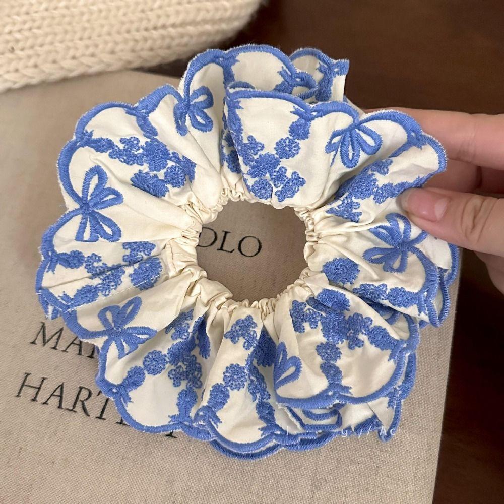 Bow Elastic Hair Bands Blue Embroidery Large Hair Scrunchies Sweet Exaggerated Hair Rope Ladies
