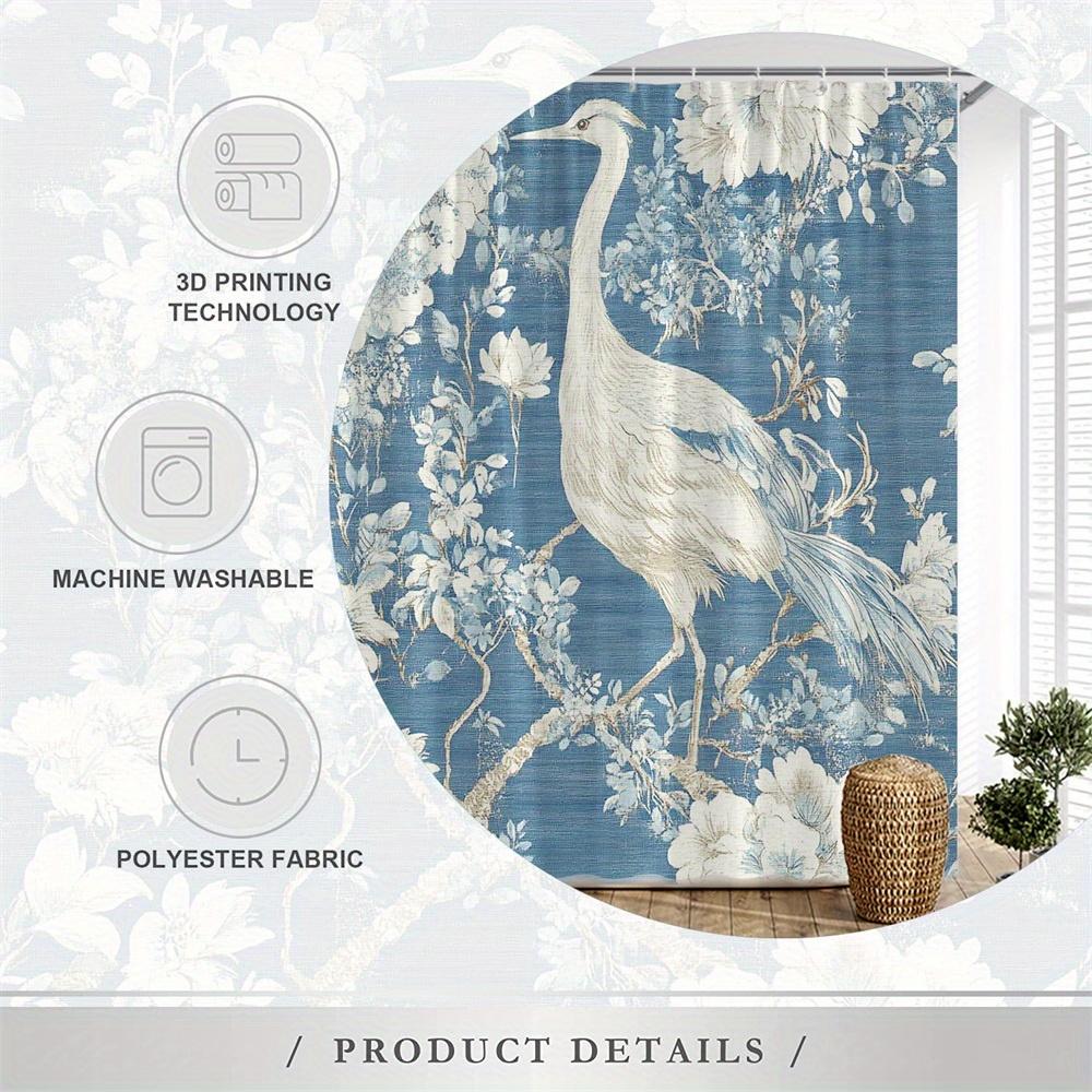 Serene Heron Bath Curtain – Navy Floral, White Bird On Branch, Watercolor Print, Waterproof Poly, 70×70", 12 Hooks