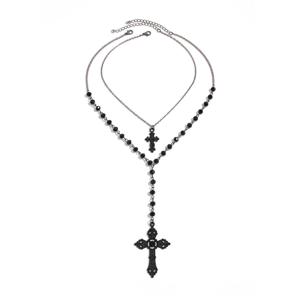 Vintage Hollow Pattern Cross Pendant Necklace, Dark Imitation Crystal Chain Stacked Collarbone Chain