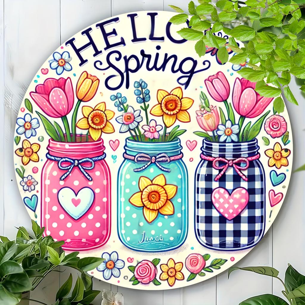 Wooden Vintage Style Hello Spring Round Wood Sign with Tulips, 7.8" Wall Art for Bedroom, Kitchen, Dining, Durable, Easy to Hang, Ideal for Home