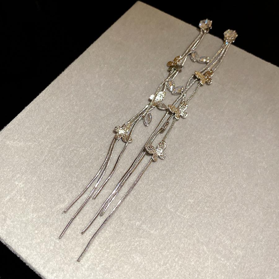 

K real gold electroplated silver needle zircon butterfly tassel earrings super fairy ins versatile earrings light luxury high-end earrings