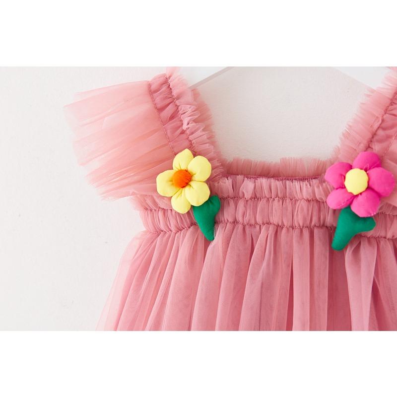Children's New Children's Dress Three-dimensional Flower Flying Sleeve Dress Flower Child Mesh Shaggy Dress Girls Slip Dress